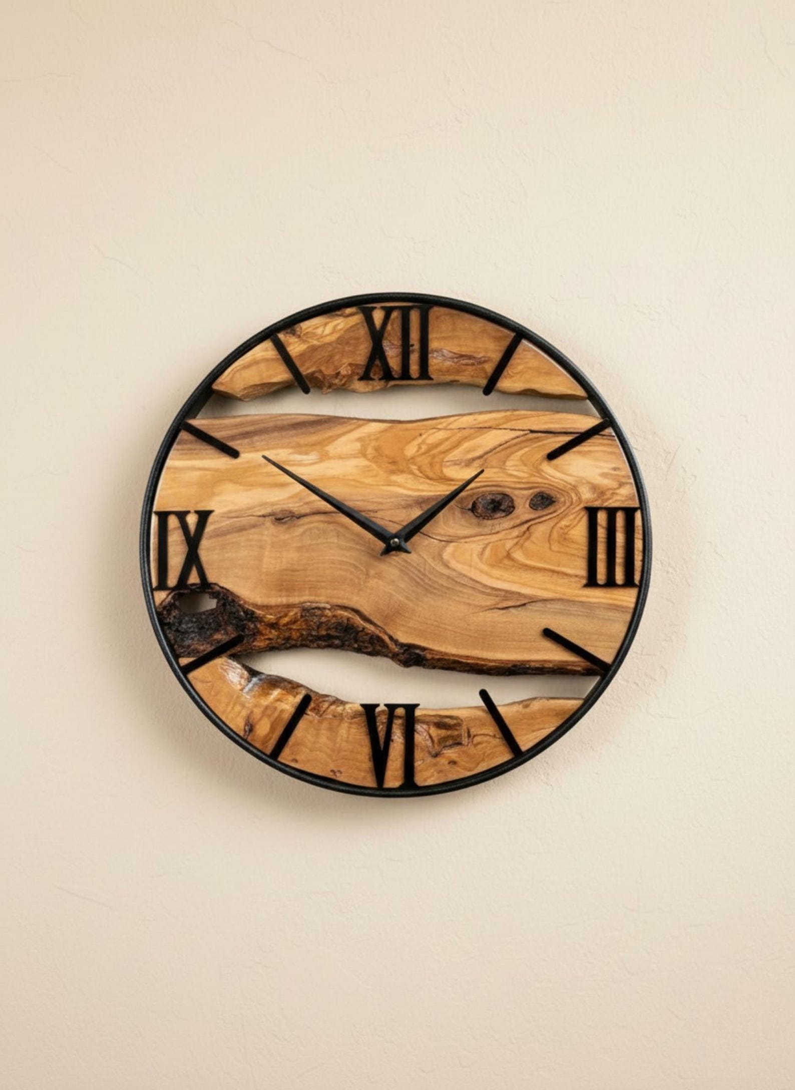 Handcrafted Olive Wood Wall Clock • Rustic Natural Metal Frame ...