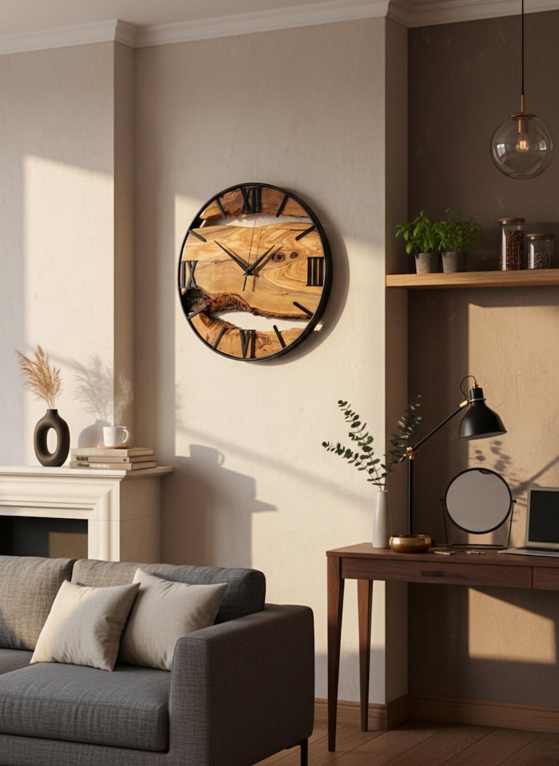 Rustic Timepiece Handcrafted Olive Wood Wall Clock • Rustic Natural Metal Frame ...