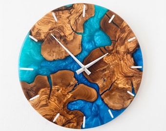 Handmade Epoxy Resin Olive Wood Wall Clock: Modern Rustic Decor