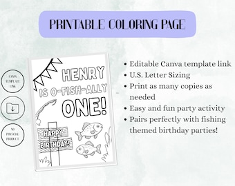 Fishing Birthday Coloring Page | Printable Party Activity for Kids | O-Fish-Ally Birthday Favor Instant Download
