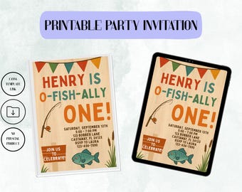 Birthday Invitation Template – O-Fish-Ally Theme – Editable Canva Fishing Party Invite – 5×7 inch