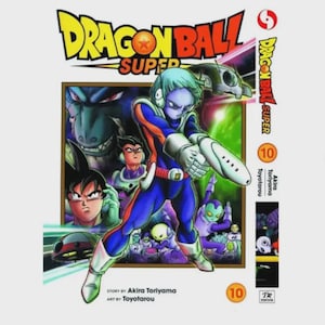 Op de afbeelding: Omslag van de Dragon Ball Super Volume 10 manga. De cover toont een personage in een blauw en oranje pak met een wapen. De titel "Dragon Ball Super" is geel en rood. Nummer 10 is zichtbaar.