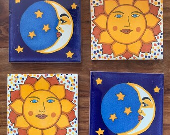 Talavera Mexican Tile Coasters Set of 4 / Moon and Sun