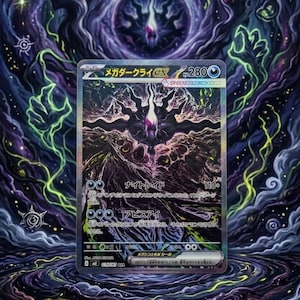 May include: A Japanese Mega Darkrai EX trading card featuring a dark, cosmic illustration with purple and black swirling energy. The card displays 280 HP, Japanese text, and a central figure with a glowing white and purple core against a dark background.