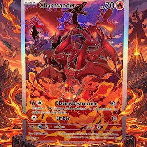 May include: A holographic Charmander trading card featuring a fiery dragon design. The card displays the name "Charmander", HP 70, and attack details. The background shows a volcanic landscape with flames.