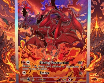 May include: A holographic Charmander trading card featuring a fiery dragon design. The card displays the name "Charmander", HP 70, and attack details. The background shows a volcanic landscape with flames.