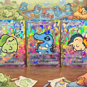 First Partner Illustration Set Gen 2 Cute Derpy Pokemon Shiny Holofoil Cards Chikorita Totodile Cyndaquil