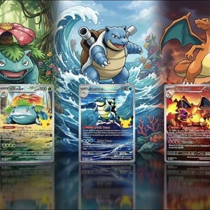 May include: Three rectangular trading cards featuring Venusaur, Blastoise, and Charizard, each with a small yellow Pikachu silhouette icon. The cards are displayed against a background showing the three creatures in their respective forest, water, and volcanic environments.