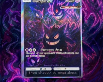 May include: A holographic Gengar ex Pokémon trading card. The card features Gengar and other Pokémon characters in shades of purple and black. The text "Phantom Gate" and "from shadow to mega abyss" are visible.