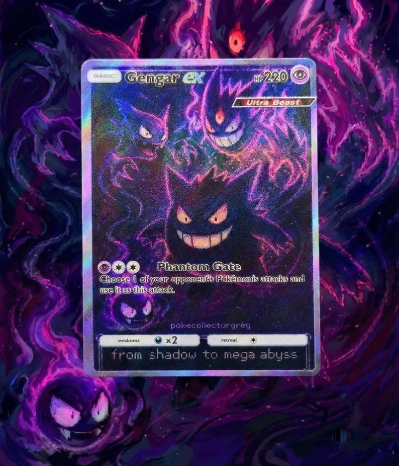 May include: A holographic Gengar ex Pok&eacute;mon trading card. The card features Gengar and other Pok&eacute;mon characters in shades of purple and black. The text "Phantom Gate" and "from shadow to mega abyss" are visible.