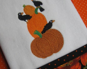 Handmade embroidered "Crows and Pumpkin Stack" hand towel