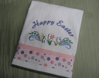 Embroidered hand towel 16x26 "Happy Easter" towel , embellished with coordinating ribbon.