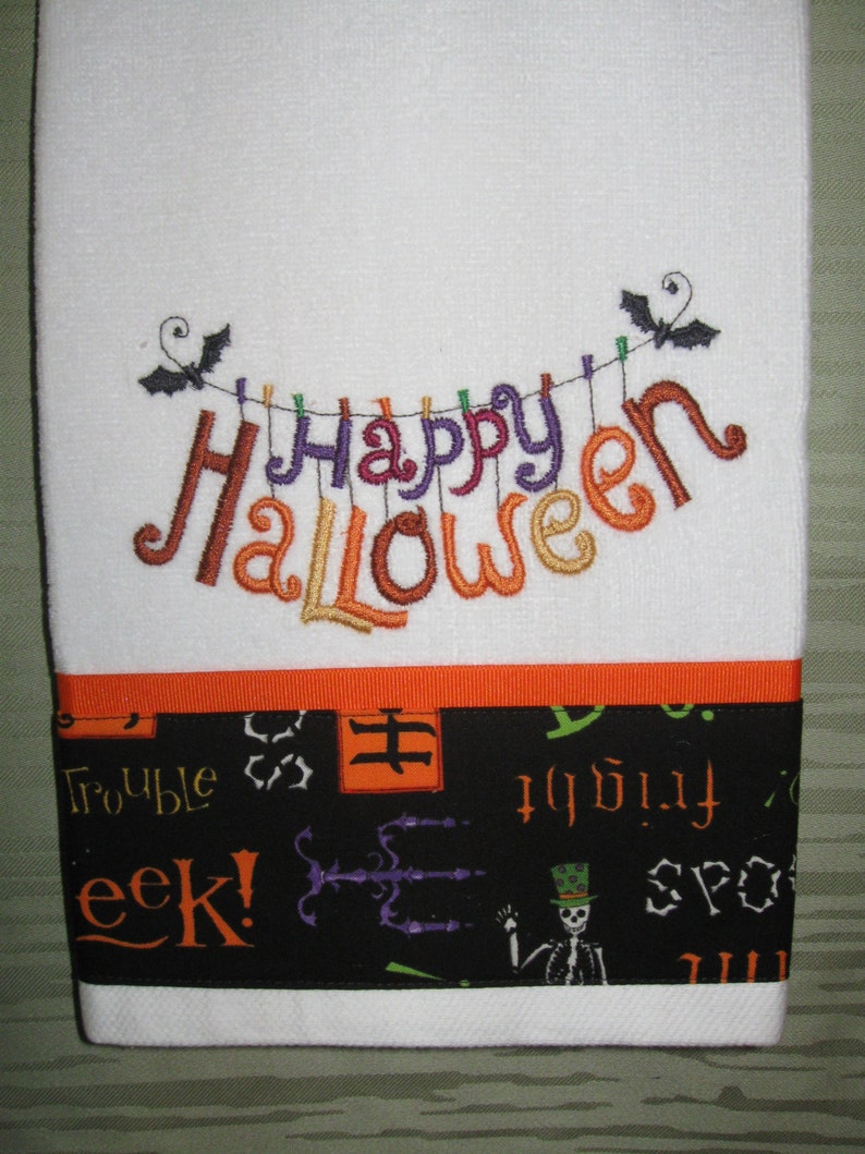 Handmade embroidered Halloween towel image 1