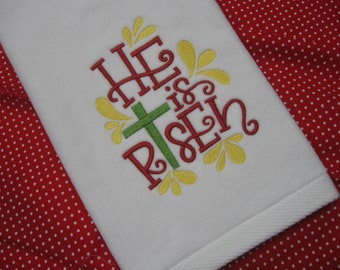 Embroidered "He Is Risen" Easter handtowel