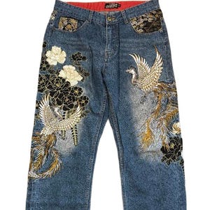 Bukkirabō Waist 32&#39;&#39; Silver Phoenix Embroidered Jeans: Japanese Denim Men&#39;s Unisex Size 32 mc