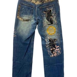 Tangled Soul 絡繰魂 34&#39;&#39;Embroidered Koi Carp Denim Jeans: Japanese Cotton, Women&#39;s Size 34 2s