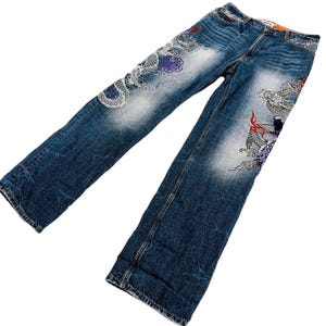 Tangled Soul 絡繰魂 Waist 34&#39;&#39; Embroidered Dragon Koi Denim Jeans - Men&#39;s Size 34 mc