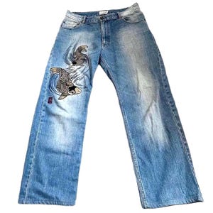 Tangled Soul 絡繰魂 Waist 33&#39;&#39; Vintage Embroidered Koi Denim Jeans - Men&#39;s Size 33 mc