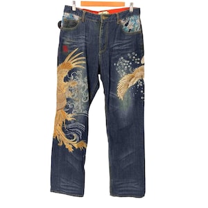 Tangled Soul 絡繰魂 Waist 36&#39;&#39; Embroidered Phoenix Crane Denim Jeans - Japan - Men&#39;s Size 36 mc