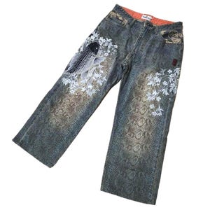 Tangled Soul 絡繰魂 Waist 34&#39;&#39; Embroidered Koi Carp Denim Jeans: Women&#39;s Size 34 mc