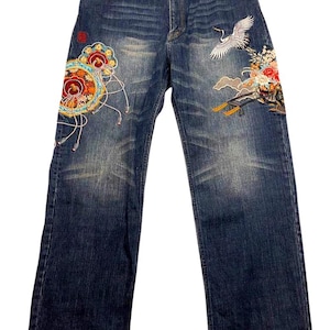 Tangled Soul 絡繰魂 Waist 40&#39;&#39; Crane Embroidered Denim Jeans: Japanese Kimono, Men&#39;s Size 40 mc