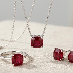 Ruby Jewelry Set Sterling Silver | Cushion Cut Ruby Necklace Earrings Ring | July Birthstone Jewelry | Bridal Set Gift for Her