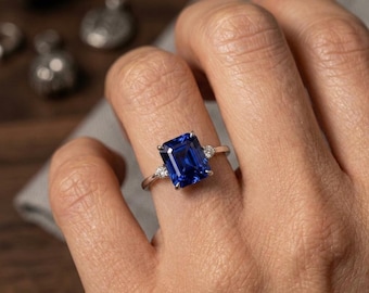 Emerald Cut Blue Sapphire Ring, 925 Sterling Silver Ring, Sapphire Engagement Ring, September Birthstone Jewelry