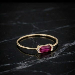 6x3mm Baguette Ruby Ring,  July Birthstone Ring , Gold Plated Sterling Silver Stackable Ring , Anniversary Gift For Her