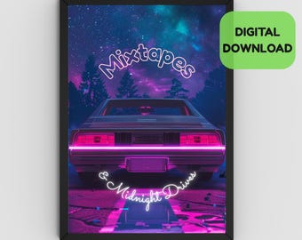 Mixtapes & Midnight Drives Impression d'art mural | Affiche esthétique de voiture rétro | Décoration murale nostalgie des années 80 et 90 | Téléchargement numérique