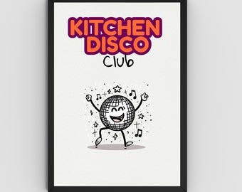 Stampa artistica da parete con scritta Kitchen Disco Club / Testo arancione e marrone / Poster retrò con palla da discoteca / Decorazione murale stampabile