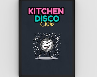 Stampa artistica da parete con motivo "Disco Club da cucina" / Sfondo scuro / Poster retrò con palla da discoteca / Decorazione murale stampabile