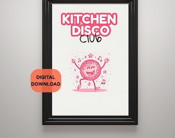 Stampa artistica da parete con motivo "Pink Kitchen Disco Club" / Poster con palla da discoteca retrò / Decorazione murale stampabile