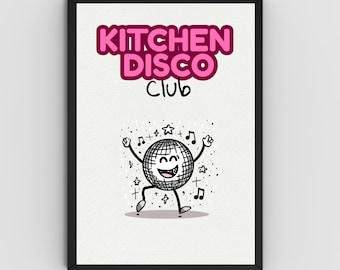 Stampa artistica da parete Kitchen Disco Club / Testo rosa e marrone / Poster retrò con palla da discoteca / Decorazione murale stampabile