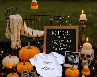 May include: A Halloween announcement featuring pumpkins, a baby onesie, and a chalkboard sign saying "No Tricks, Just a Treat April 202X." The scene includes a baby carriage, a skull, and candy corn decorations.