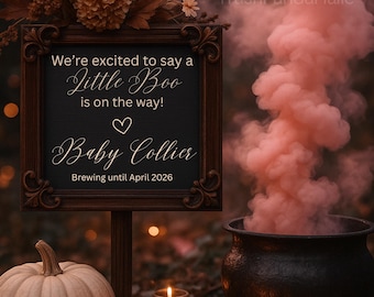 May include: A Halloween-themed pregnancy announcement. A chalkboard sign with the text "We're excited to say a Little Boo is on the way! Baby Collier Brewing until April 2026" is surrounded by pumpkins, candles, and a sonogram. Pink smoke billows from a cauldron.