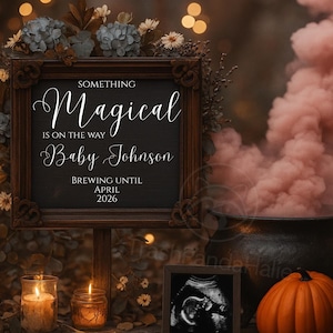 Gothic Halloween Pregnancy Announcement: Editable Canva Template (Digital Download Pumpkin Magical Smoke Spooky Sonogram