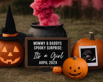 May include: A Halloween-themed gender reveal with carved pumpkins, a witch's hat, and a cauldron emitting pink smoke. A sign reads "Mommy & Daddy's Spooky Surprise: It's a Girl." An ultrasound photo is displayed on a pumpkin.