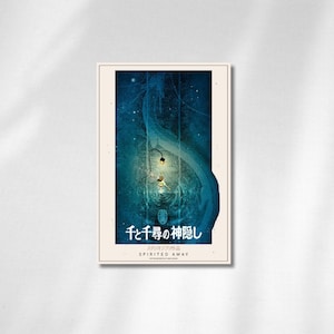May include: A framed poster featuring a scene from the animated film "Spirited Away." The artwork depicts a blue and teal underwater scene with characters and Japanese text. The poster has a white border and the title "Spirited Away" is written in English.