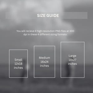 May include: A size guide graphic with the text "SIZE GUIDE" at the top. The guide shows three rectangular frames labeled "Small 12x18 inches", "Medium 16x24 inches", and "Large 18x27 inches". The text "You will receive 4 high-resolution PNG files..." is also present.