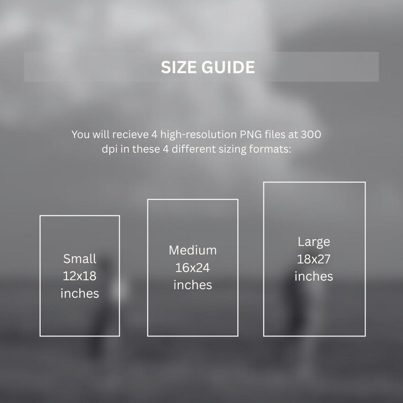 May include: A size guide graphic with the text "SIZE GUIDE" at the top. The guide shows three rectangular frames labeled "Small 12x18 inches", "Medium 16x24 inches", and "Large 18x27 inches". The text "You will receive 4 high-resolution PNG files..." is also present.