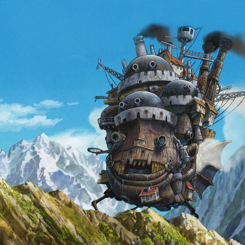 May include: An illustration of a whimsical, animated, moving castle with multiple levels, chimneys, and a smiling face. The castle is brown and gray, with black smoke billowing from the chimneys. It is set against a backdrop of mountains and a blue sky.