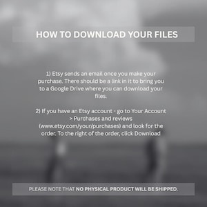 Op de afbeelding: Een digitale downloadgids met instructies over het downloaden van bestanden na aankoop. De tekst bevat stappen voor Etsy-gebruikers en een opmerking dat er geen fysiek product wordt verzonden. De achtergrond is wazig en neutraal van kleur.