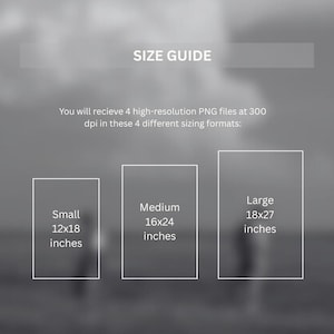 Op de afbeelding: Een maattabel met de tekst "SIZE GUIDE". Het vermeldt drie maten: Klein (30x46 cm), Medium (41x61 cm) en Groot (46x69 cm). De tekst vermeldt ook high-resolution PNG-bestanden.