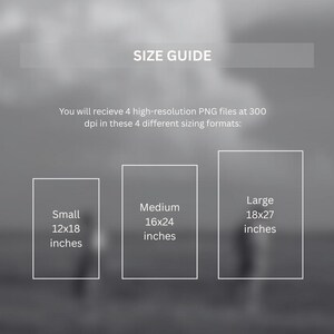 May include: A size guide graphic with the text "SIZE GUIDE" at the top. The guide shows three rectangular frames labeled "Small 12x18 inches", "Medium 16x24 inches", and "Large 18x27 inches". The text "You will receive 4 high-resolution PNG files..." is also present.