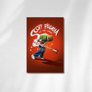 May include: A poster with a red background features a person playing a bass guitar. The poster has the text "Scott Pilgrim vs. the World" in white script. The person is wearing a green shirt, blue jeans, and white sneakers.