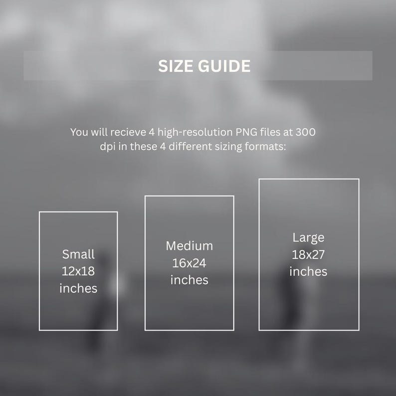 May include: A size guide graphic with the text "SIZE GUIDE". It shows three rectangular outlines labeled "Small 12x18 inches", "Medium 16x24 inches", and "Large 18x27 inches". The text "You will receive 4 high-resolution PNG files at 300 dpi" is also present.