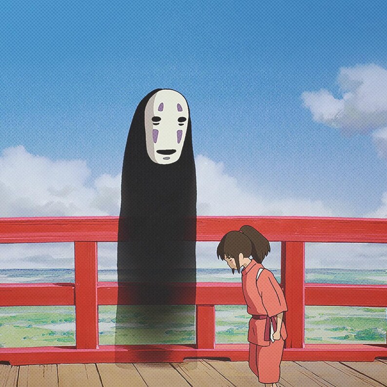 May include: Illustration from an animated film featuring a tall, black figure with a white mask and a girl in a red outfit. They are standing on a wooden deck with a red railing, under a blue sky with clouds.