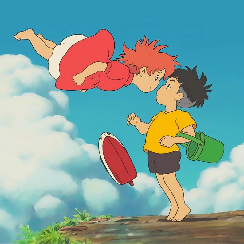 May include: A cartoon illustration shows two children, one in a yellow top and the other in a red dress, with a red and white surfboard. The background features a blue sky with white clouds and green foliage.