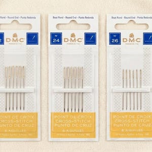 Aiguilles DMC pour point de croix – Tailles 22, 24 et 26 – Aiguilles à tapisserie à bout arrondi (6 pièces chacune)