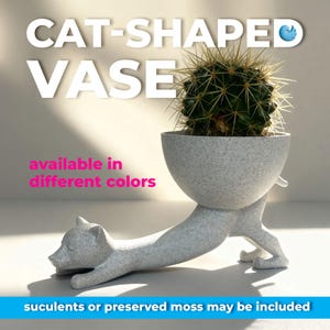 Op de afbeelding: Een katvormige vaas in een lichtgrijze gespikkelde afwerking, met een cactus. De vaas is ontworpen met het lichaam van een kat, waarbij de kop en poten de basis vormen. Tekst op de afbeelding luidt "CAT-SHAPED VASE" en "available in different colors."